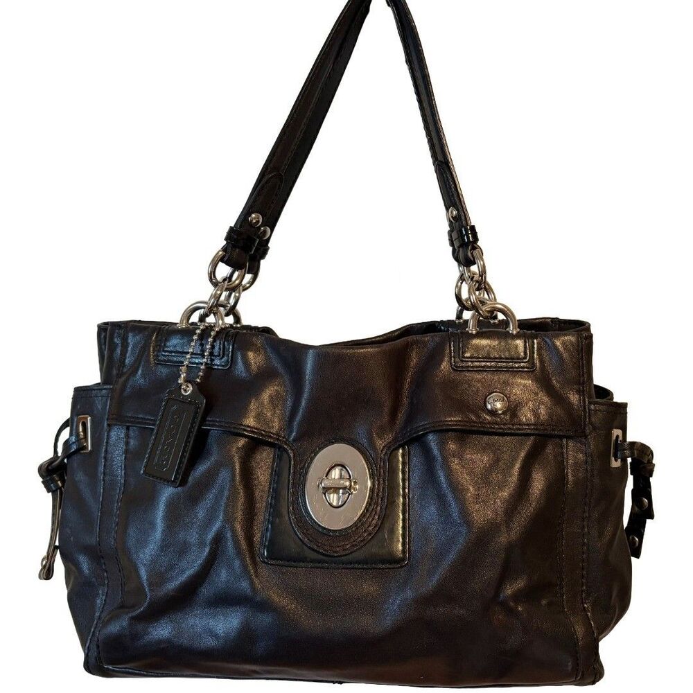 Coach Peyton Leather Carryall Shoulder Bag Black Silver 14510